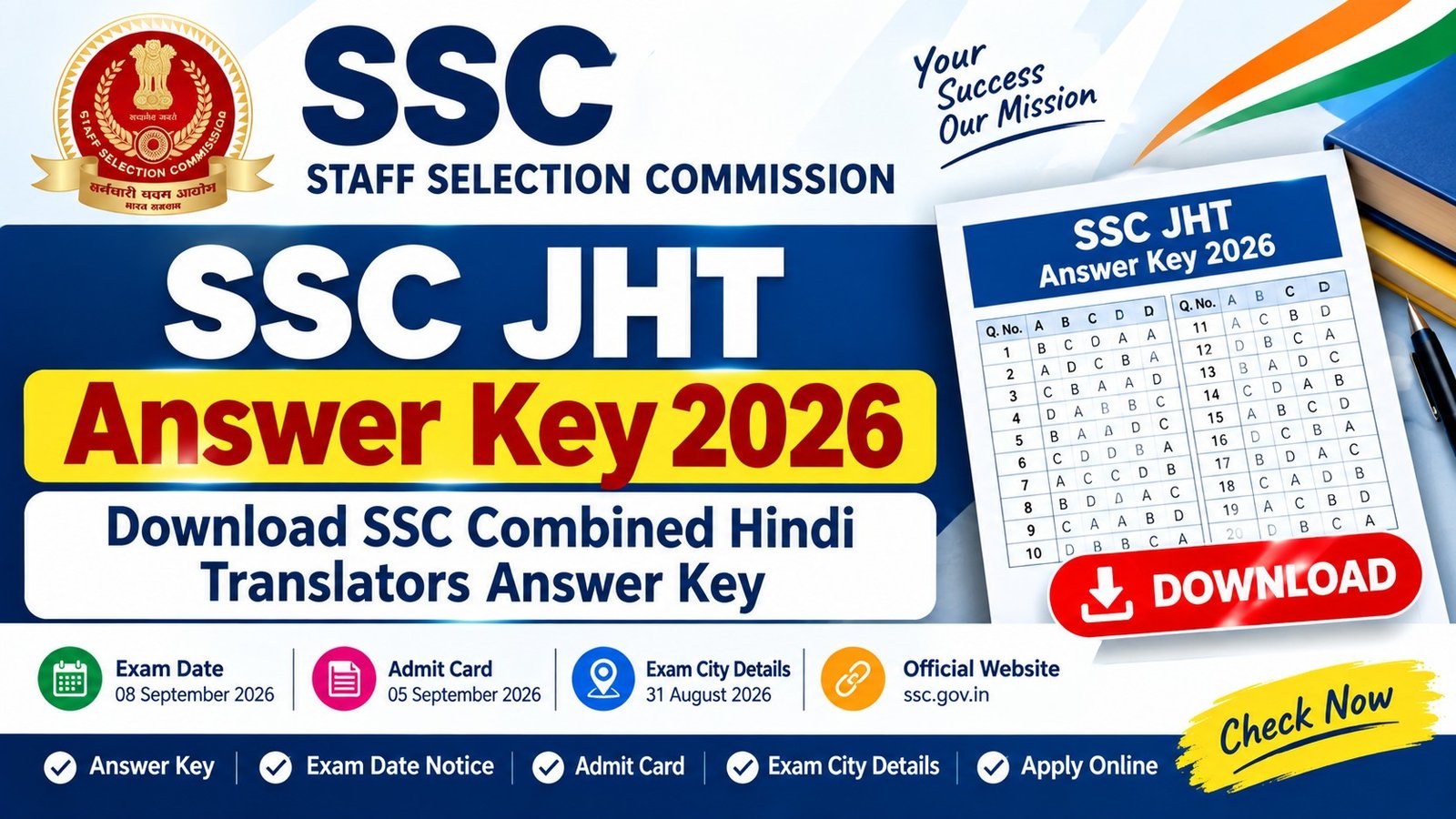 SSC Combined Hindi Translators JHT Answer Key 2026