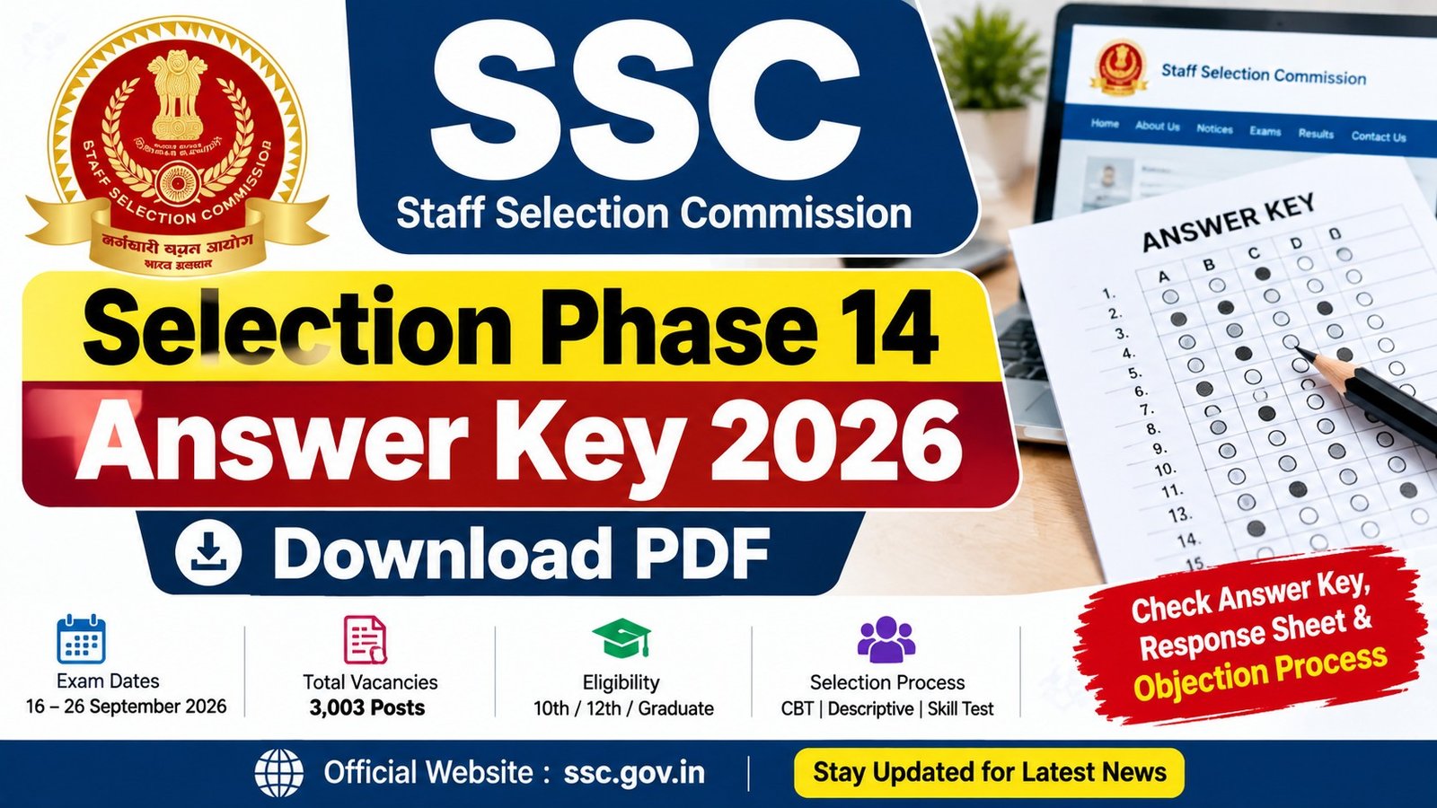 SSC Selection Phase 14 Answer Key 2026 Download Answer Key and Response Sheet